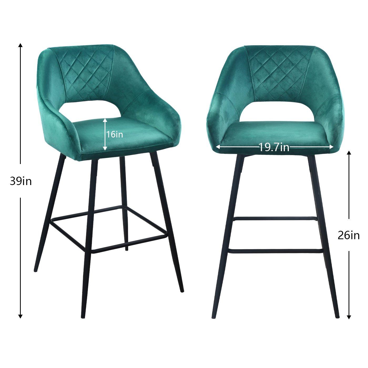 26 inch Bar Stools Set of 2, Velvet Counter Height Stools Chairs