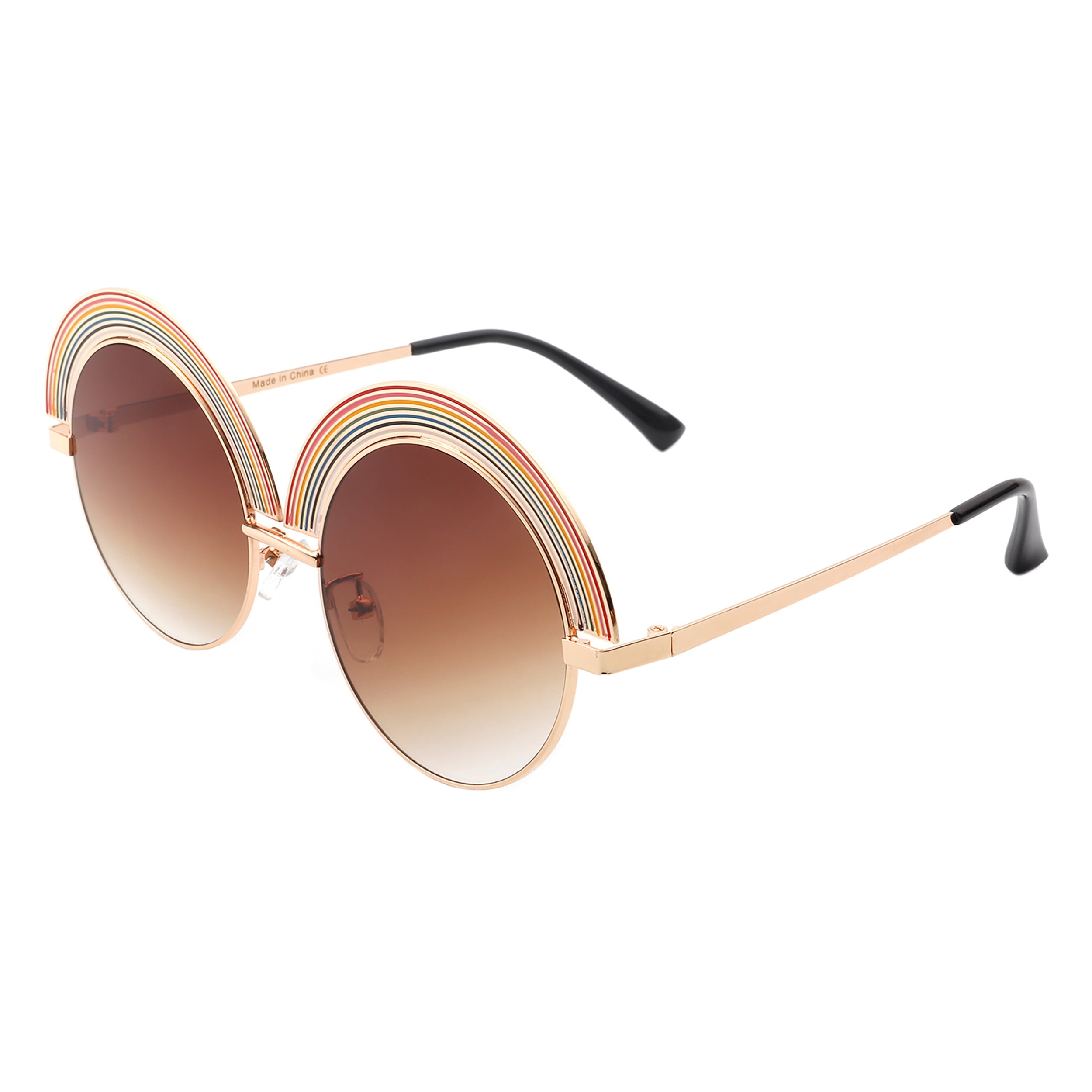 Rainbow Top Sunglasses Gold Round Circle Oversized Festival Shades UV 400 Brown