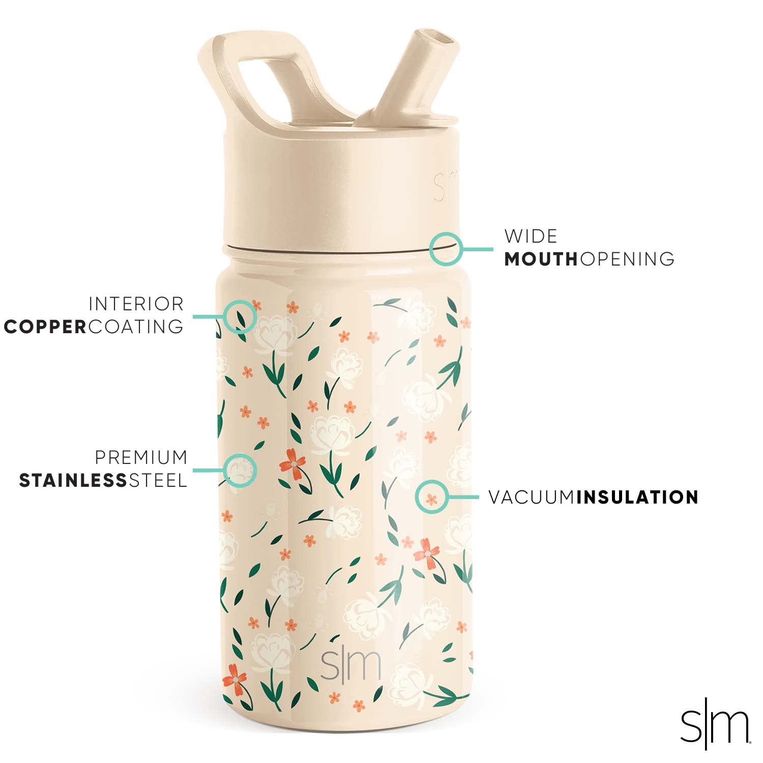 Simple Modern Kids Water Bottle with Straw Lid | Insulated Stainless Steel Reusable Tumbler for Toddlers, School | Summit Collection | 14oz, Chloe Floral