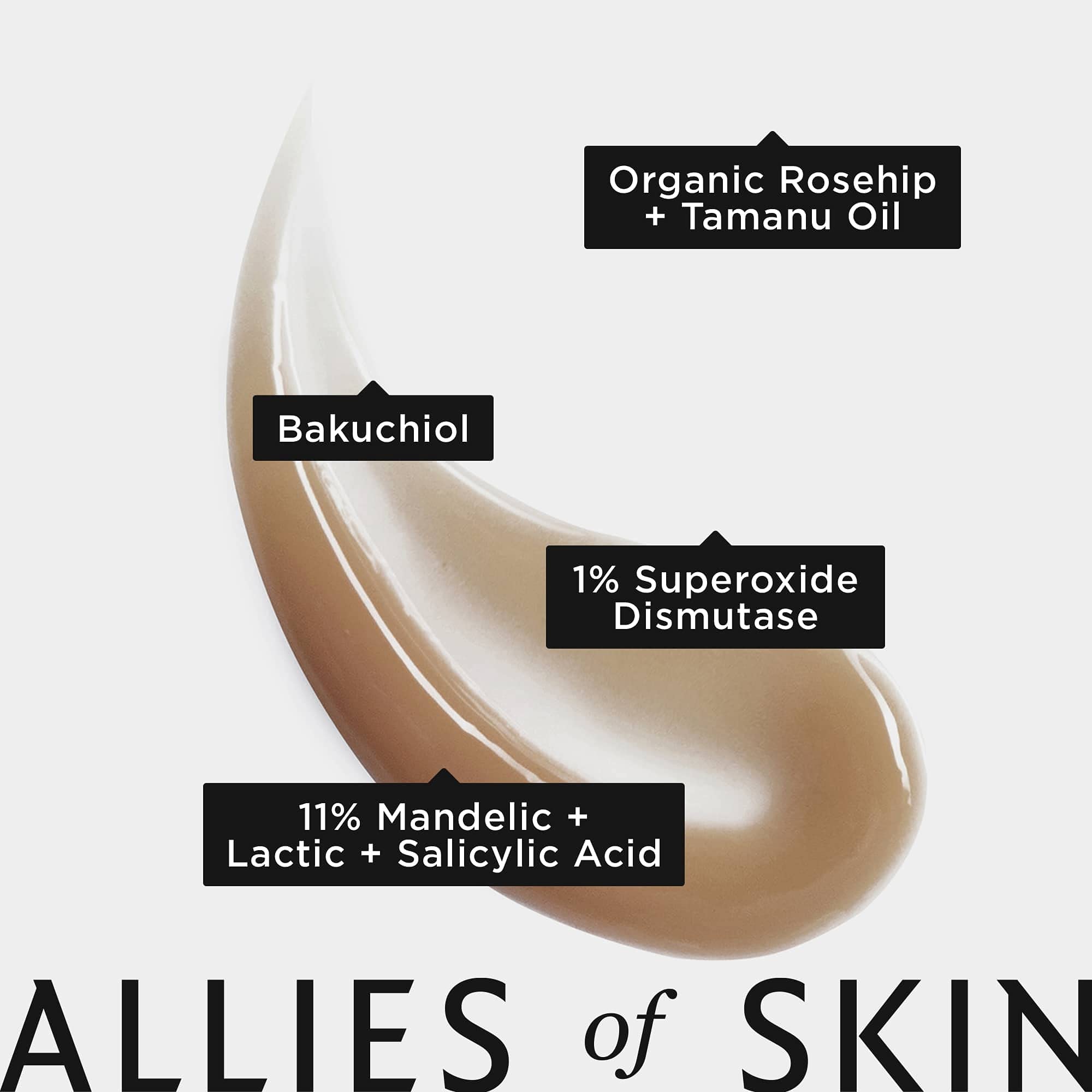 Allies of Skin Mandelic Pigmentation Corrector Night Serum: Mandelic, Lactic & Salicylic Acid, Hyaluronic Acid, Niacinamide, Bakuchiol, Rosehip & Tamanu Oils. Exfoliate & Target Uneven Skin Tone 1 oz