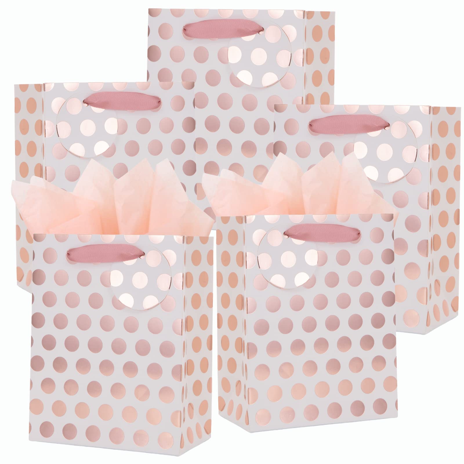 UNIQOOO 12Pcs Rose Gold Foil Gift Bag Bulk, Pink Polka Dots with Tag, Durable Recycle Kraft Paper Bags, Thank You Bag For Wedding Favors Baby Shower Birthday Party Gift Wrapping Box, Medium 9x7x4 Inch