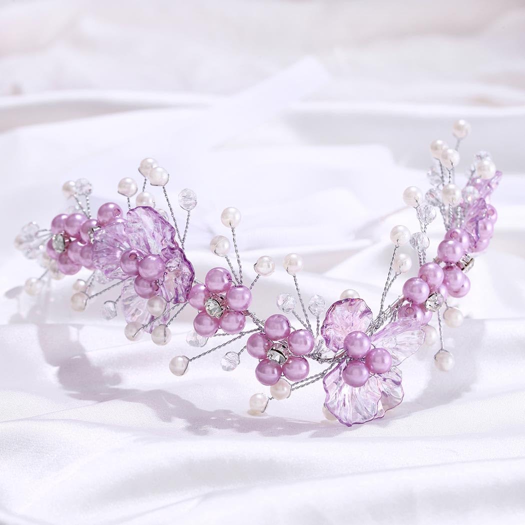 Campsis Fairy Headband Purple Elf Crystal Crown Flower Elven Tiaras V-Shape Bride Hair Accessories Halloween Cosplay Costume Headwear for Women
