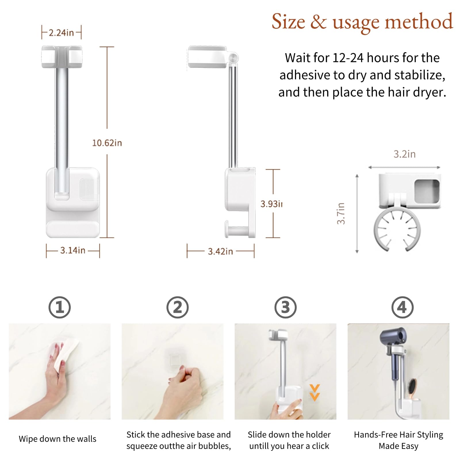 Hands Free Hair Dryer Holder Wall Mounted, No-Drill Adjustable Blow Dryer Stand with Rotating Arm & Cable Hook, Universal Bathroom Hairdryer Organizer for Vanity, Wigs, Pet Grooming, Durable Design