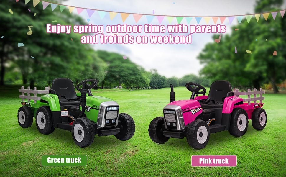 SEHOMY Kids Ride on Tractor with Trailer and 25W Dual Motors, 12V Battery Powered Electric Kids Car Vehicle Toys with Remote, 3-Gear-Shift, Music, LED Lights,USB, Power Wheels for Boys Green