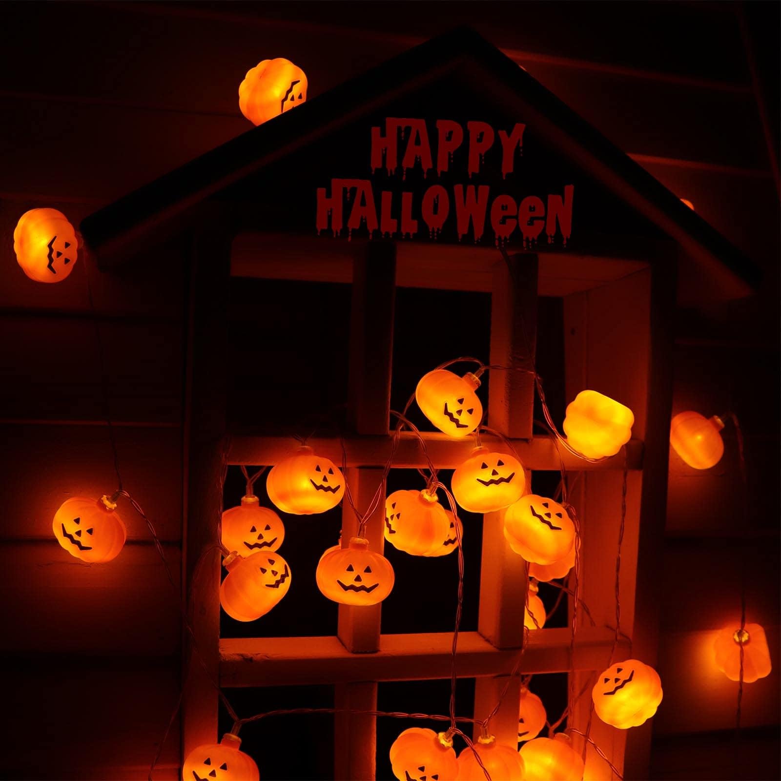 Runleo Halloween Pumpkin String Lights - 20 LED 9.8 FT 3D Cute Waterproof Orange Jack-O-Lantern Battery Operated Lights, 2 Modes Steady/Flickering Lights for Indoor Outdoor Decor Party Decorations