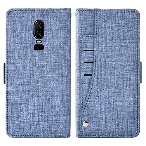 Asuwish Phone Case for OnePlus 6 Wallet Cover with Tempered Glass Screen Protector and Wrist Strap Flip Card Holder Slot Stand Cell OnePlus6 A6000 One Plus6 1 Plus 1plus Six One+ 1+ 6 Women Men Blue