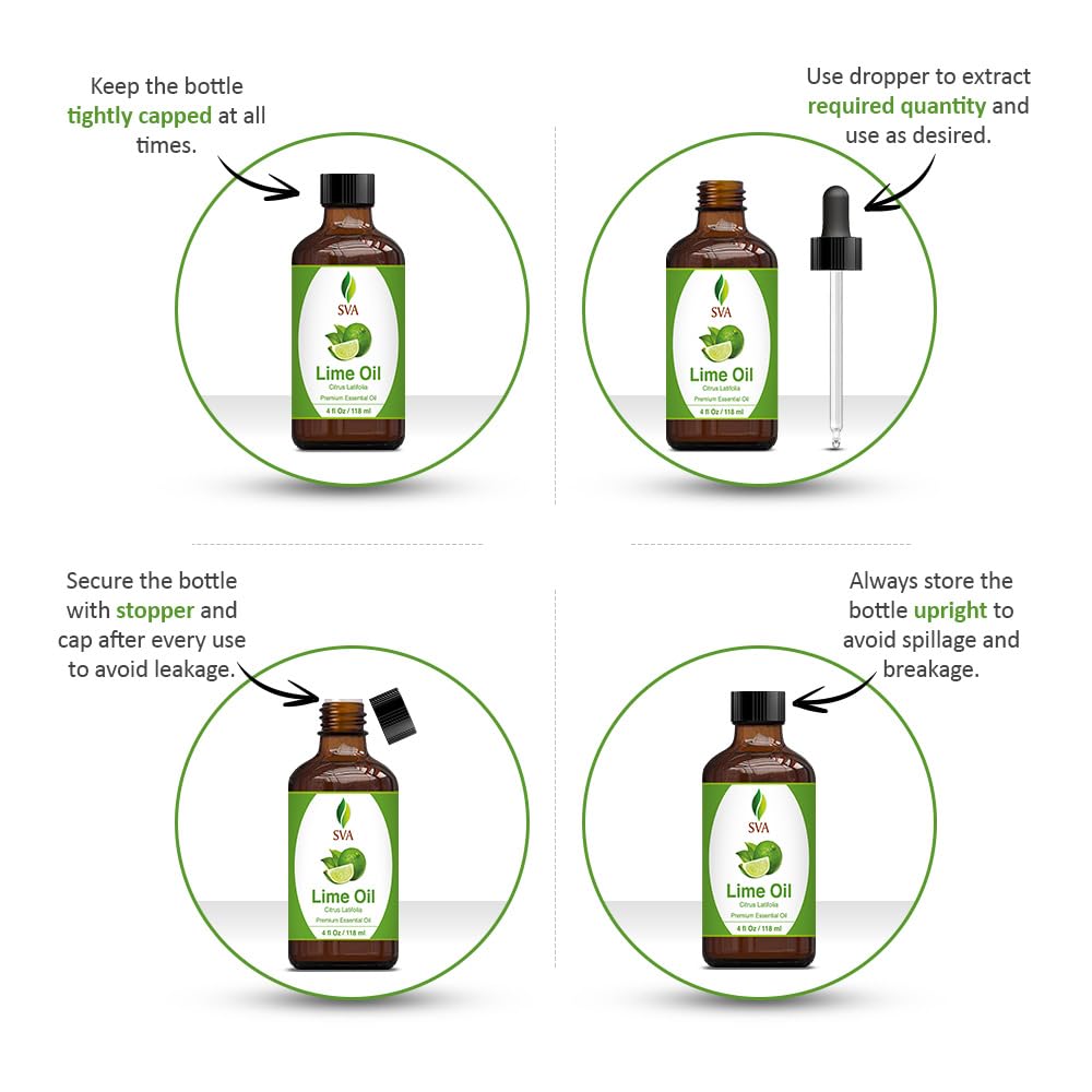 SVA Lime Essential Oil – 4 Fl Oz – 100% Natural Lime Oil - for Diffuser, Hair Care, Face, Skin Care, Aromatherapy, Scalp and Body Massage, Soap and Candle Making - with Dropper