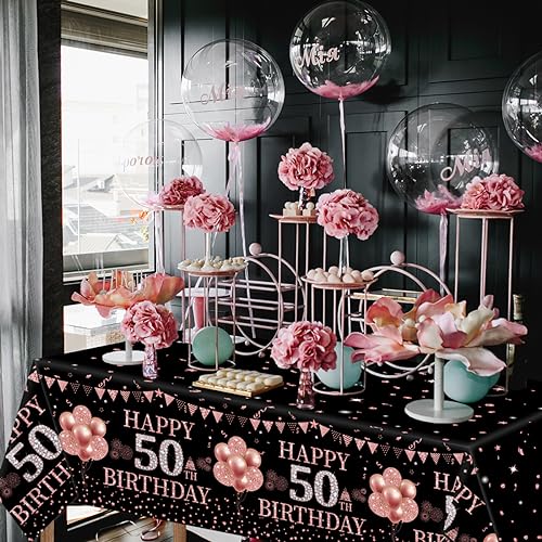 3Pcs Rose Gold 50th Birthday Tablecloths-Happy 50 Birthday Party Supplies for Women Rose Gold Disposable Rectangular Plastic Table Covers