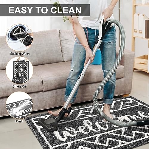 Long Indoor Door Mat, 2' x 8' Entryway Runner Rug, Absorbent Low Profile Throw Rugs with Rubber Backing Washable Non Slip Rug, Shoe Mat Dirt Trapper Carpet Runner for Home Kitchen Laundry Pet, Black