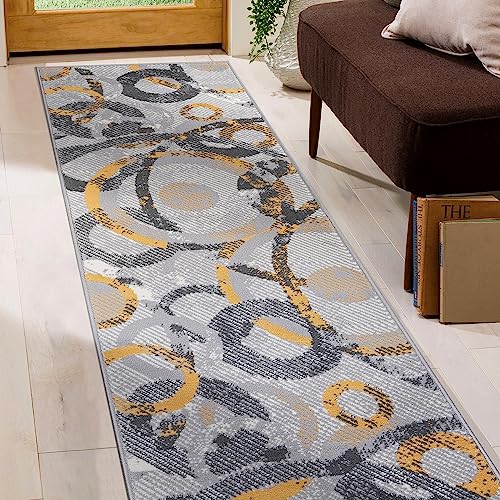 Rugshop Distressed Modern Circles Stain Resistant Soft Runner Rug 2' x 7' Yellow