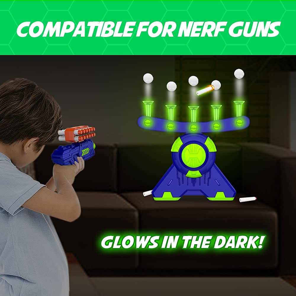 BAODLON Shooting Games Toy for Age 5, 6, 7, 8, 9, 10+ Years Old Kids, Boys - Glow in The Dark Floating Ball Target with Foam Dart Toy Gun, 10 Balls/5 Targets - Ideal Gift