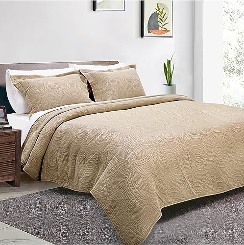 Threadmill Quilts Twin Size Sets | 3-Piece Twin Quilt Set with 2 Pillow Shams - Reversible Soft Breathable and Lightweight Quilt Twin Bedspread Coverlet Bedding Set - Beige