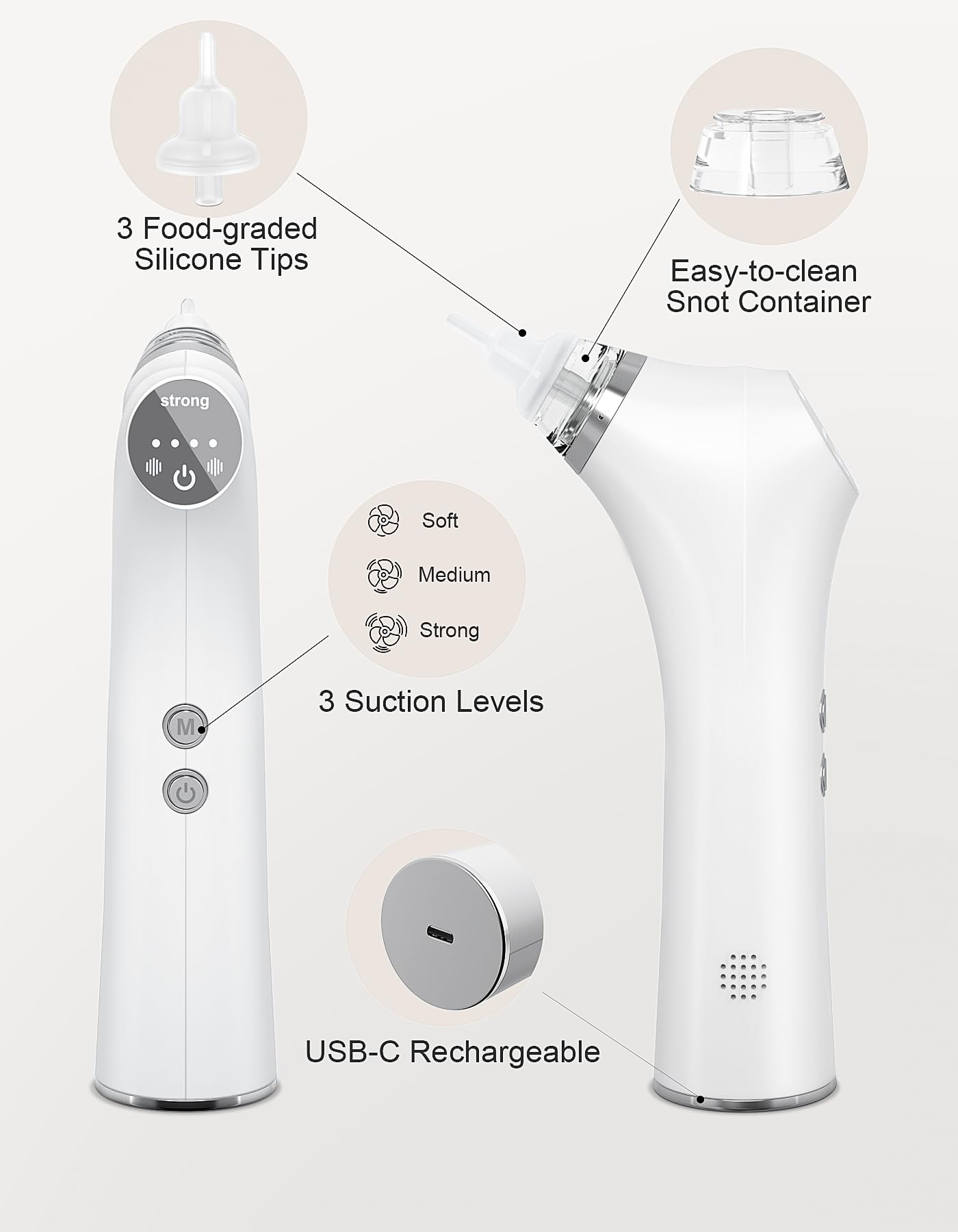 Nasal Aspirator for Baby, Adjustable 3-Level Suction Electric Baby Nasal Aspirator, Safe and Gentle Baby Nose Sucker with Music and 3 Different Food Grade Silicone Nose Suction Nozzles