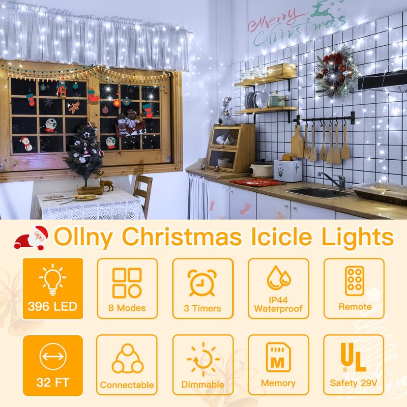 Ollny Icicle Lights for Outside 396LED 32FT, Cool White Christmas Light with Remote 8Modes Timers Waterproof, Plug in Connectable Hanging Lights for Outdoor Indoor House Roof Holiday