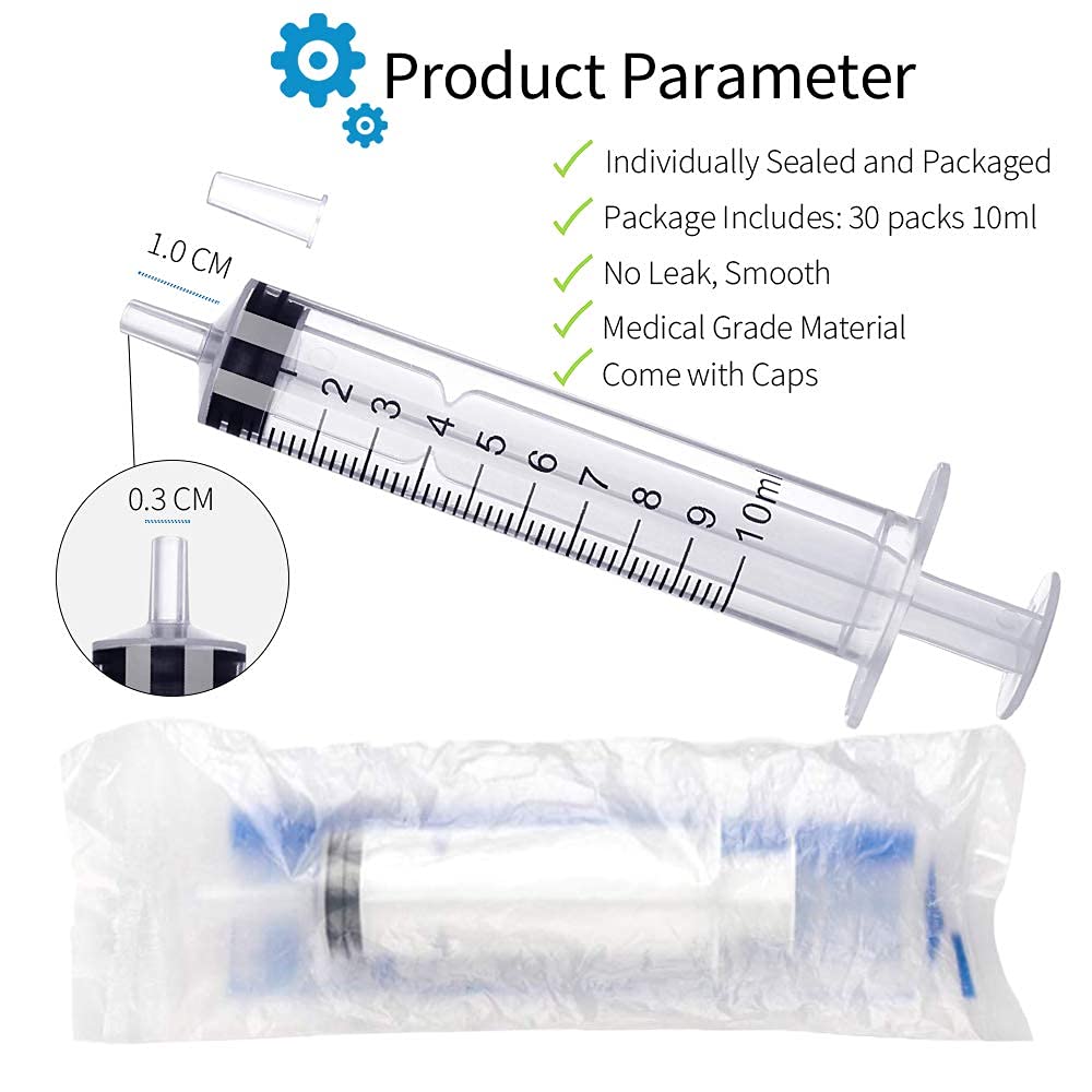 30 Pack 10ml/cc Plastic Syringe Small Syringe with Tip Cap & Individually Wrapped, for Oral,Scientific Labs, Measuring, Watering,refilling, Pets, Medical Student, Oil or Glue Applicator