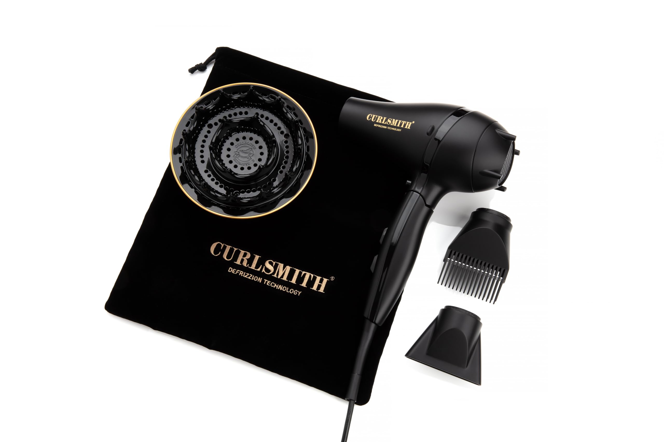 Curlsmith - Defrizzion Travel Hair Dryer with Large Diffuser, for Curly Hair, Reduce Frizz, 3 Speeds, 3 Heat Settings, Infared, Ceramic Heat for Fast Drying