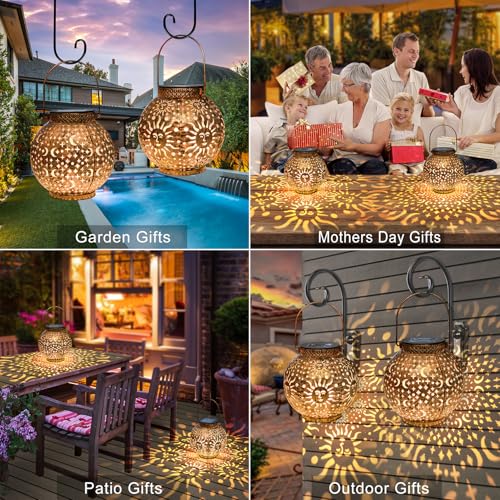 Go2garden 2Pack Solar Lanterns Outdoor Waterproof Garden Gifts for Mom Moon Star Sun Solar Lights for Balcony, Yard,Birthday Mothers Day Gifts for Grandma Wife (Bronze)