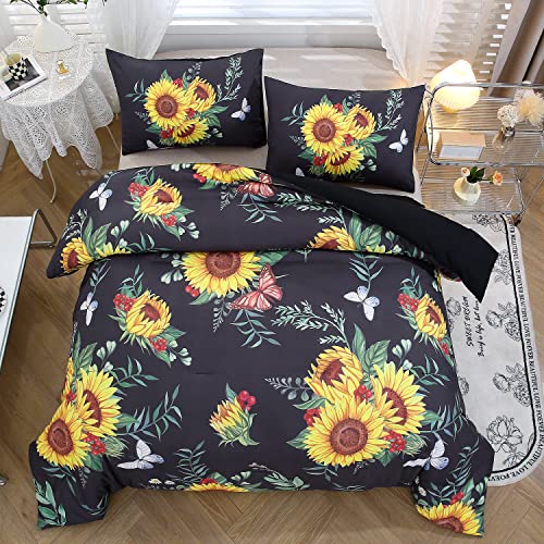 ZRNBAST Aqua Blue Sunflower Comforter Set Twin-3 Piece Butterfly Yellow Floral Bedding Sets-All Season Warmth Ultra Soft Farmhouse Bedding Comforter Sets Twin Size (Twin, Aqua Blue)