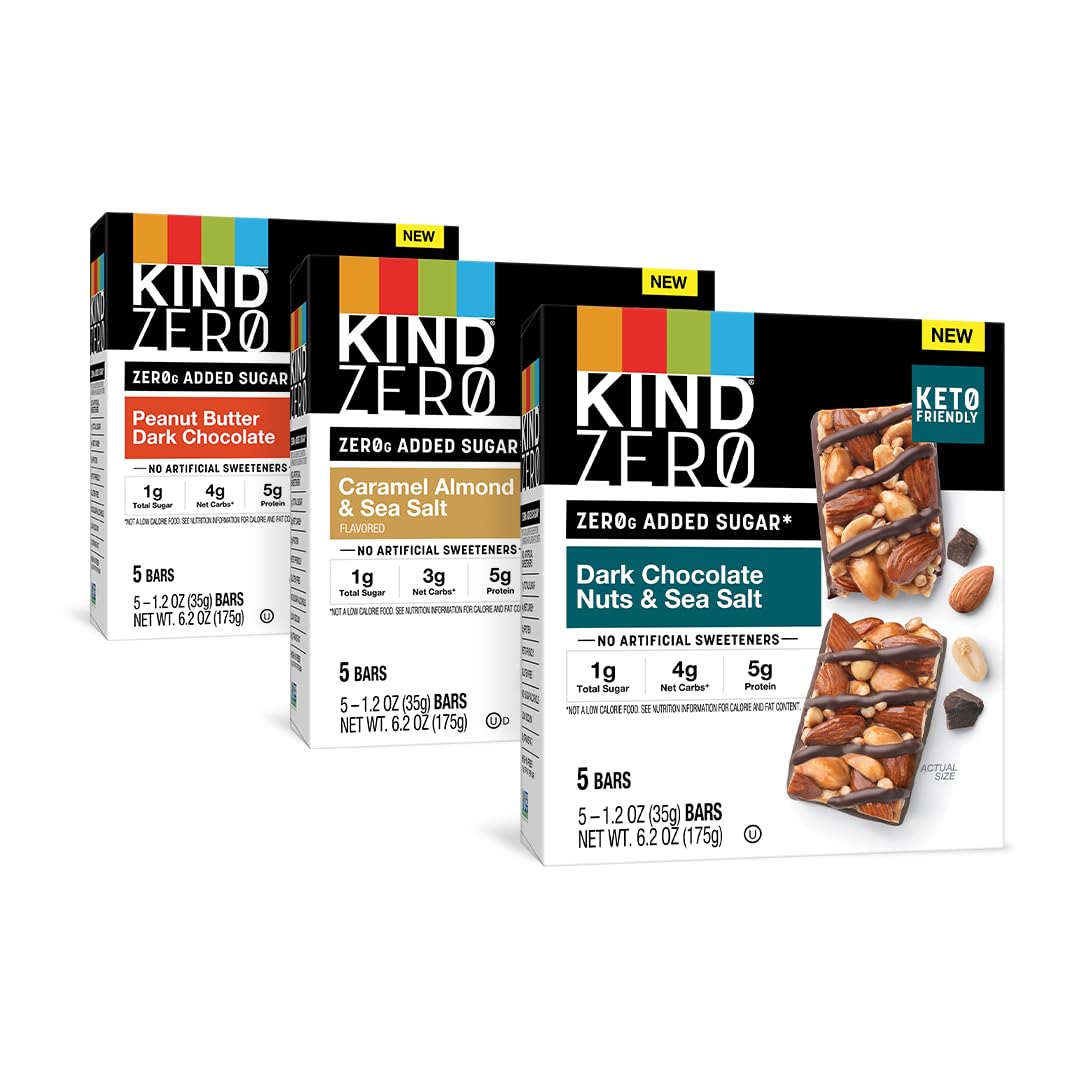 KIND ZERO Added Sugar Bars, Keto Friendly Snacks, Variety Pack, 6.2oz Box (15 Bars)