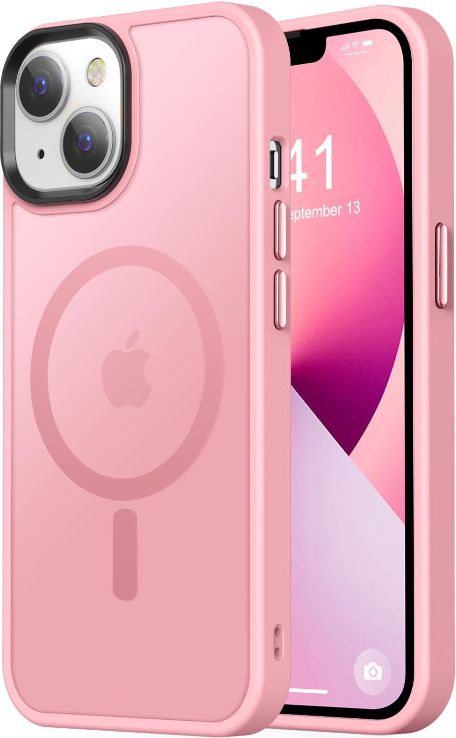 Thomo Strong Magnetic for iPhone 13 Case & iPhone 14 Case [Compatible with Magsafe] [10FT Drop Resistant] Matte Skin Feeling Back, Aluminum Alloy Keys Phone Case iPhone 13/14, Pink