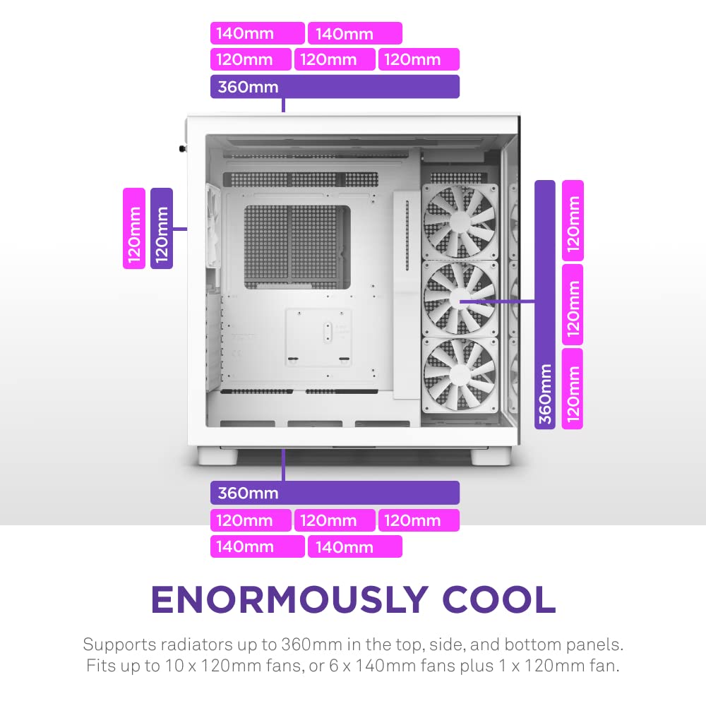 NZXT H9 Flow Dual-Chamber ATX Mid-Tower PC Gaming Case – High-Airflow Perforated Top Panel – Tempered Glass Front & Side Panels – 360mm Radiator Support – Cable Management – White