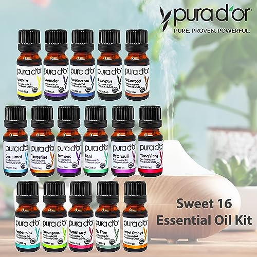 PURA D'OR Organic Perfect10 Essential Oils Set - 10x 10mL Wood Box Aromatherapy Gift Set - 100% Pure Therapeutic Grade for Relaxation and Wellness (Lavender, Peppermint, Eucalyptus, Tea Tree & More)