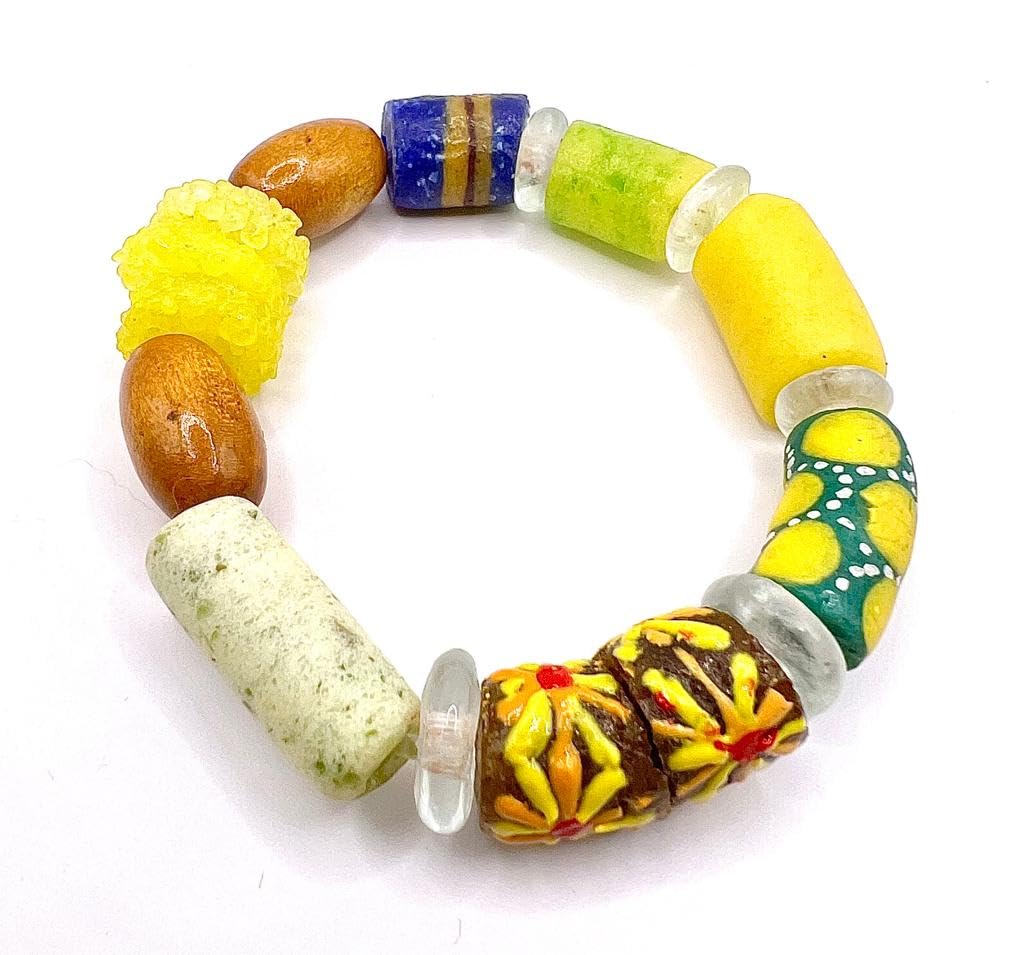 Glass Adornments Ghanaian Recycled Handmade Powder Glass Trade Bead Bracelet (M, Yellow)