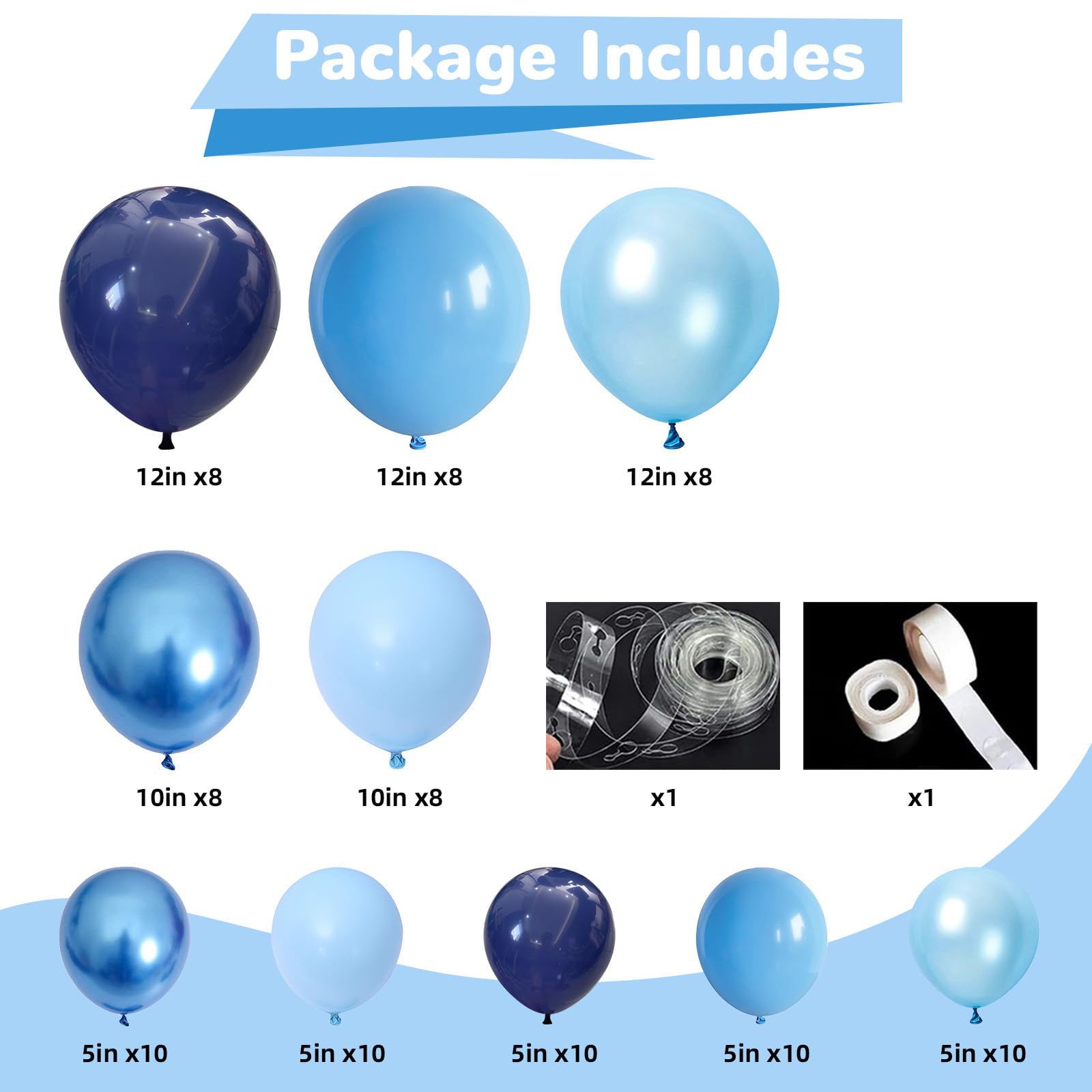 HILAVO Blue Balloon Garland Arch Kit 12 Inch 90 Pcs Metallic Chrome Pearl Baby Light Dark Royal Blue Latex Balloons for Winter Wonderland Baby Shower Birthday Wedding Ocean Party Decor
