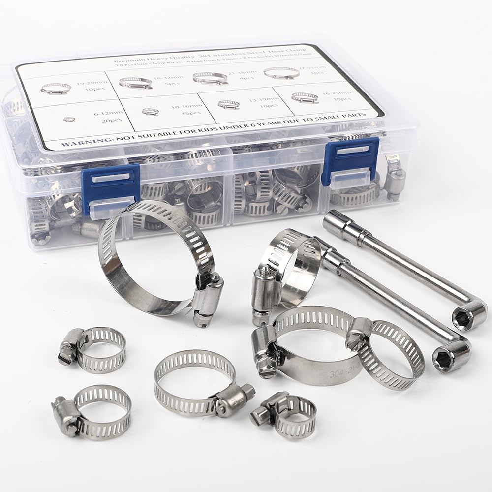 HongWay 78 Pack Hose Clamp Assortment Kit, Adjustable Range 1/4-2in(6-51mm), 304 Stainless Steel Hose Clamps with 2pcs Socket Wrench, for Plumbing, Automotive and Mechanical Application