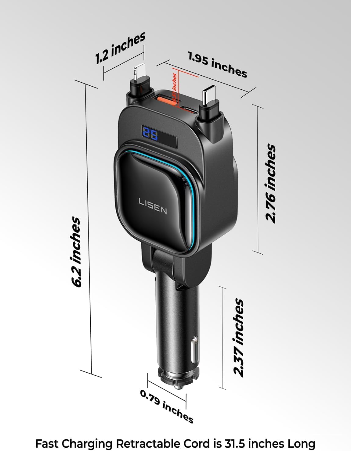 LISEN 96W Fast Charging Retractable Car Charger[USB C Cable & L Cable], 4 in 1 Retractable Car Charger Fast Charging Car Charger for iPhone 17 Pro Max 16 15 14 13, Samsung Galaxy S25/24,Black