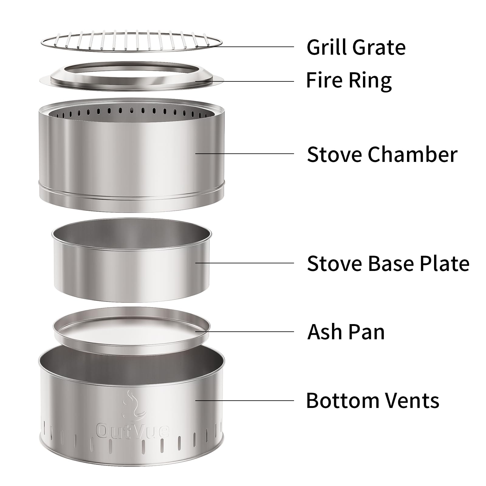 OutVue 19 inch Stainless Steel Smokeless Fire Pit with Grill, Outdoor Smokeless Firepit, Wood Burning Fire Pits for Camping, Bonfire, Low Smoke Firepit for Outside (Vertical Hole)