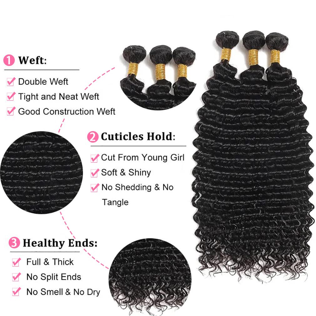 Deep Wave Bundles Human Hair Brazilian Virgin Hair Bundles（18 20 22 inch）Curly Bundles Wet and Wavy Human Hair Weave Bundles Double Weft Hair Weave Natural Black