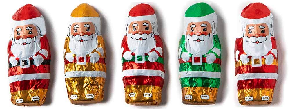 Madelaine Solid Premium Chocolate Mini Santas, (1/2 LB) Wrapped In Italian Foil Featuring Assorted Designs - (Half Pound)