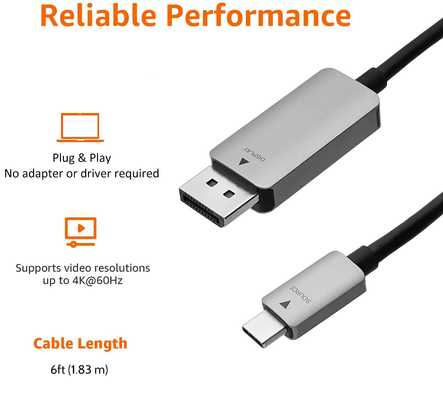 Amazon Basics DisplayPort to USB-C Cable, 4Kx2K@60Hz, Aluminum Housing, 6 Feet, Black