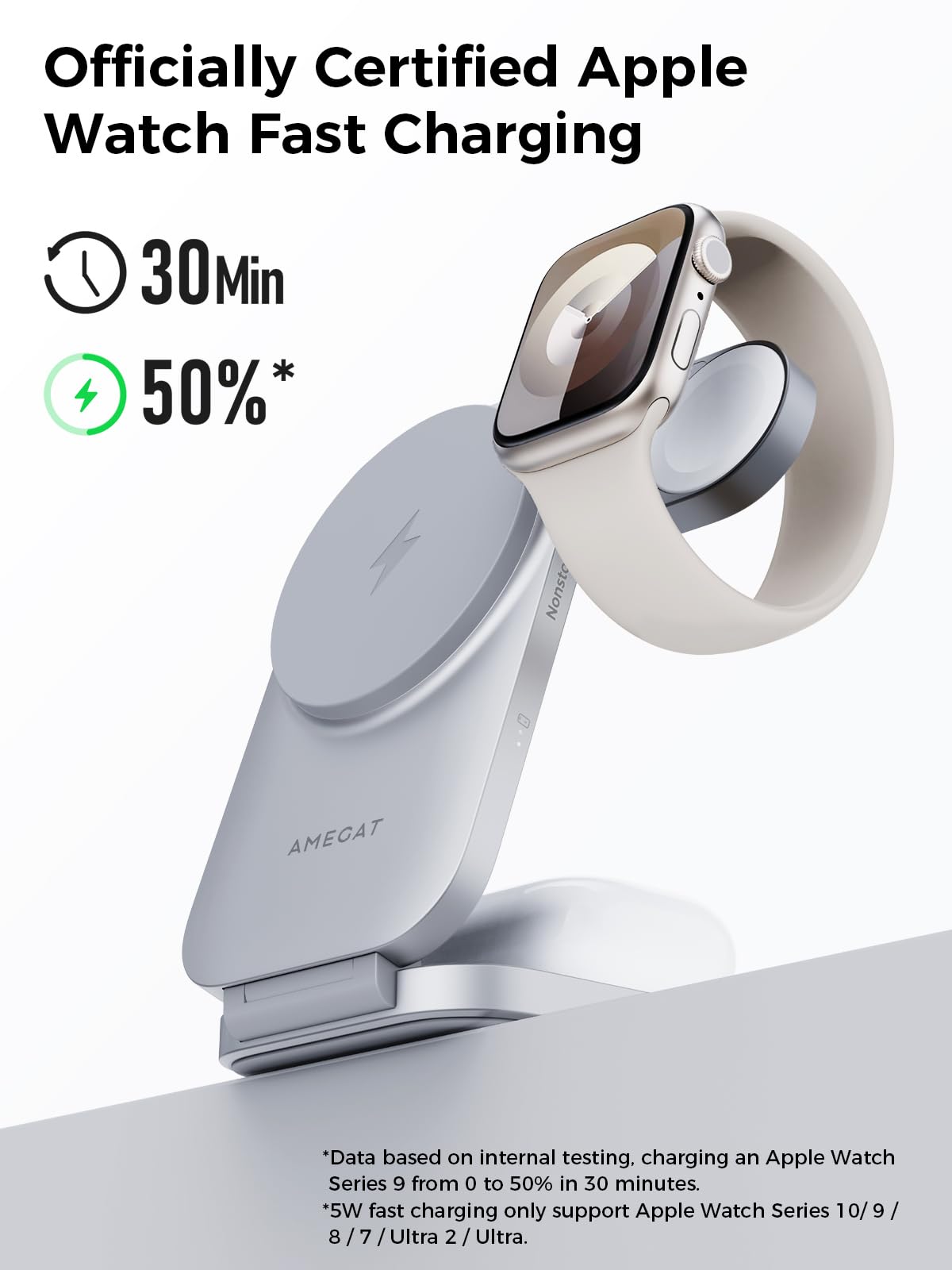 AMEGAT MagFusion Z 3-in-1 MagSafe-Compatible Charging Station, Qi2 Certified 15W Wireless Foldable Charger, for iPhone 16/15/14/13/12, AirPods 4/3/2/Pro, Apple Watch Charger, Silver