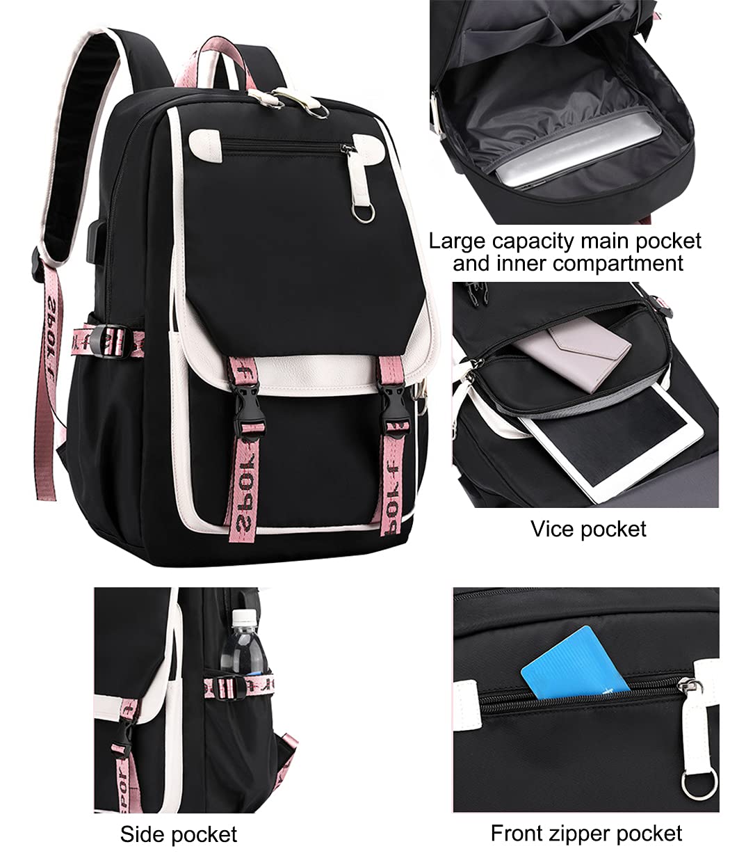 JiaYou Teenage Girls' Backpack Middle School Students Bookbag Outdoor Daypack with USB Charge Port (21 Liters, Black Pink)