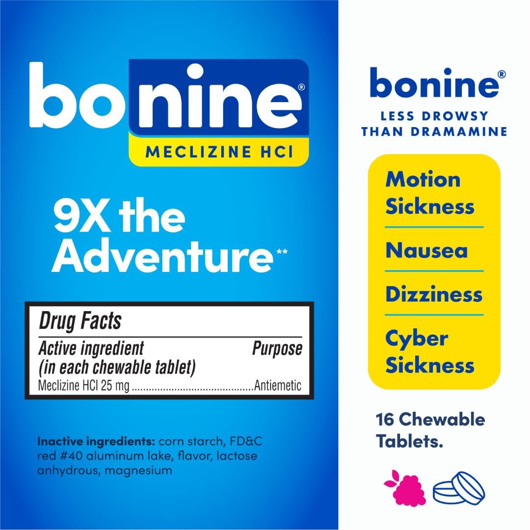 Non-Drowsy Bonine for Motion Sickness Relief, Sea Sickness, Car Sickness, Nausea, & Vomiting - Meclizine HCI 25mg, Travel-Sized - 16ct Raspberry Chewable Tablets (Packaging May Vary)