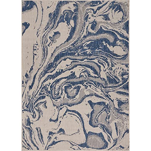 LR Home Ox Bay Seamas Abstract Oasis Indoor/Outdoor Accent Rug, White/Blue, 1'10" x 3'0"