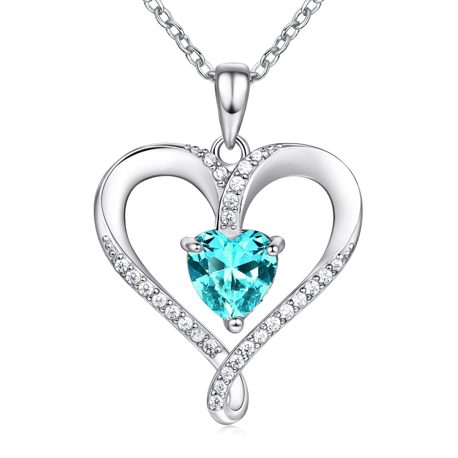 AM ANNIS MUNN 18K White Gold Heart Necklace, Birthstone Necklace for Women Filled 925 Sterling Silver, Diamond Jewelry for Womens Birthday Gifts for Women Wife