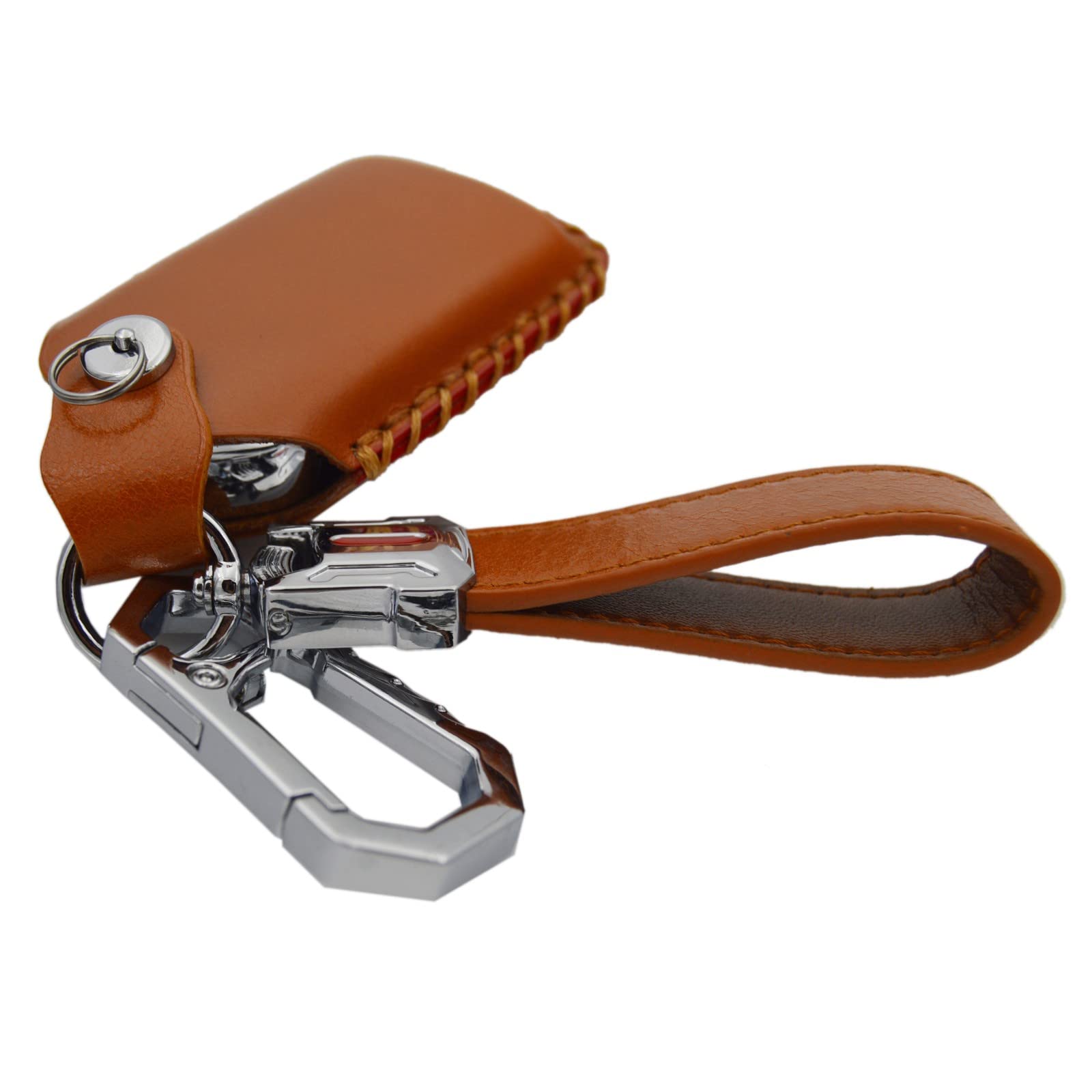 Real Leather Key Fob Cover with Keychain compatible with Honda Civic Accord Pilot CR-V HR V 5 Buttons Ridgeline Passport
