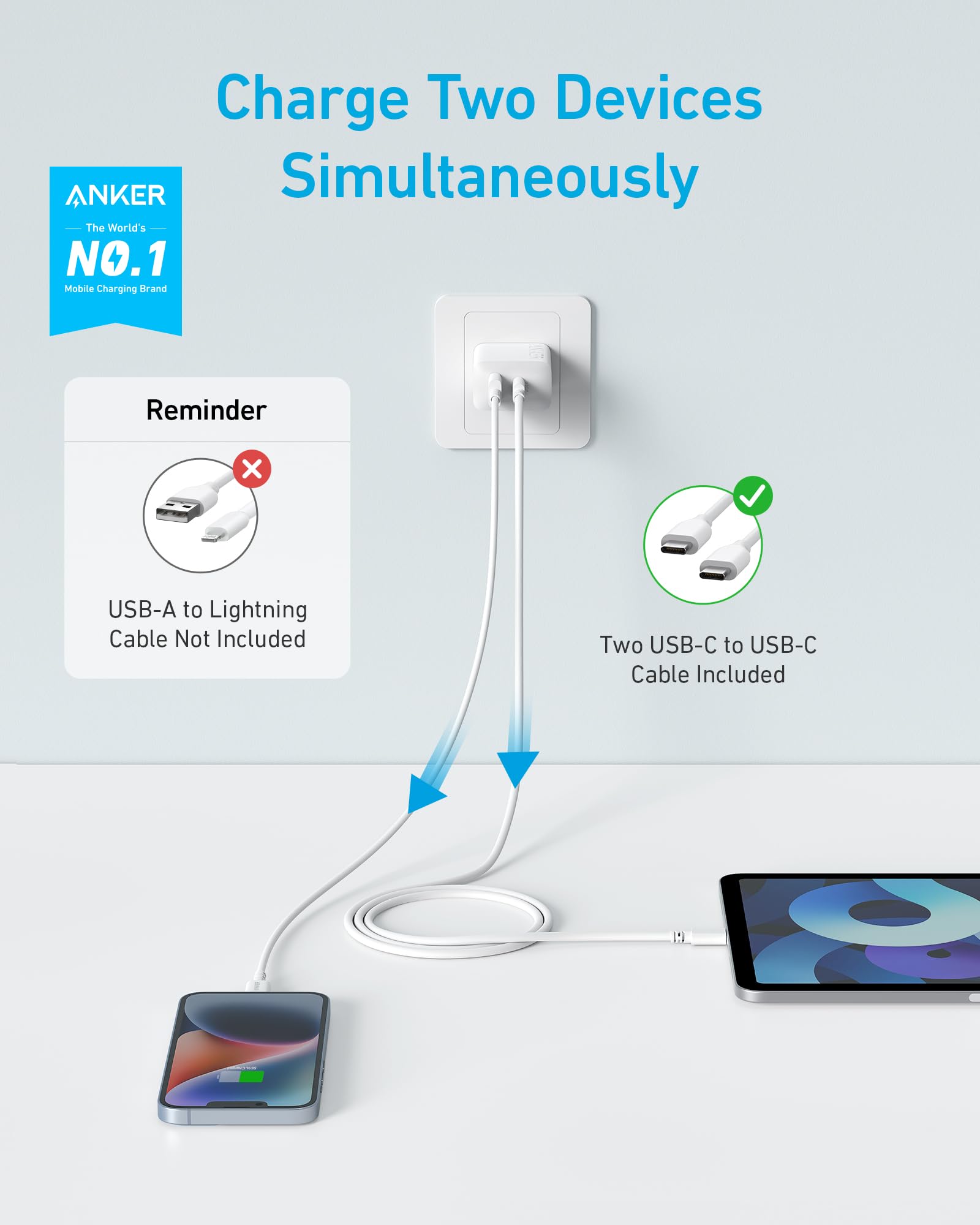 Anker iPhone 16 Charger, USB C Charger Block, 2-Pack 20W Fast Wall Charger for 16/16 Pro/Pro Max / 15 Series / iPad Pro and More, with 2 Pack 5 ft USB-C Cable