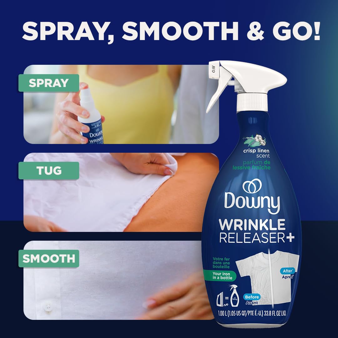 Downy Wrinkle Release Spray, Travel Size Spray, All In One Formula, Removes Wrinkles, Static and Odor Eliminator, Crisp Linen Scent, 3 Fl Oz, Pack of 3