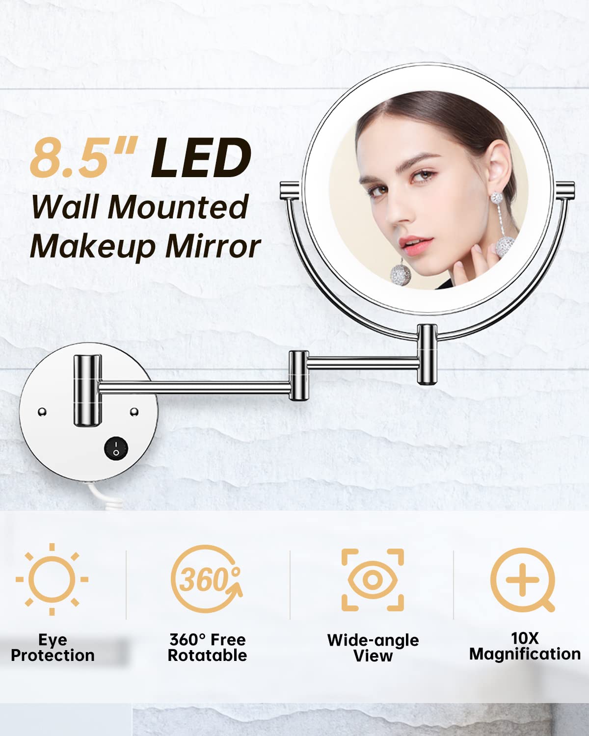 Gospire 8.5 Inch LED Wall Mounted Makeup Mirror Round Double Sided 1X/10X Magnifying Vanity Mirror with Lights 360 Degree Swivel Lighted Cosmetic Mirror (8.5 Inch-10X, Chrome Mirror with LED)