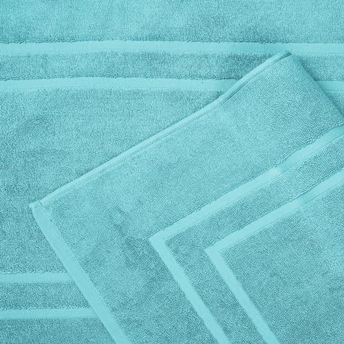 Feather & Stitch 2 Piece Towel Like Bath Mats (30x21 Inch) 100% Cotton Terry Mat, Non-Slip Hotel, Spa, Shower Floor Mats [NOT A Bathroom Rug], Soft Absorbent Washable Mats - Sky Blue