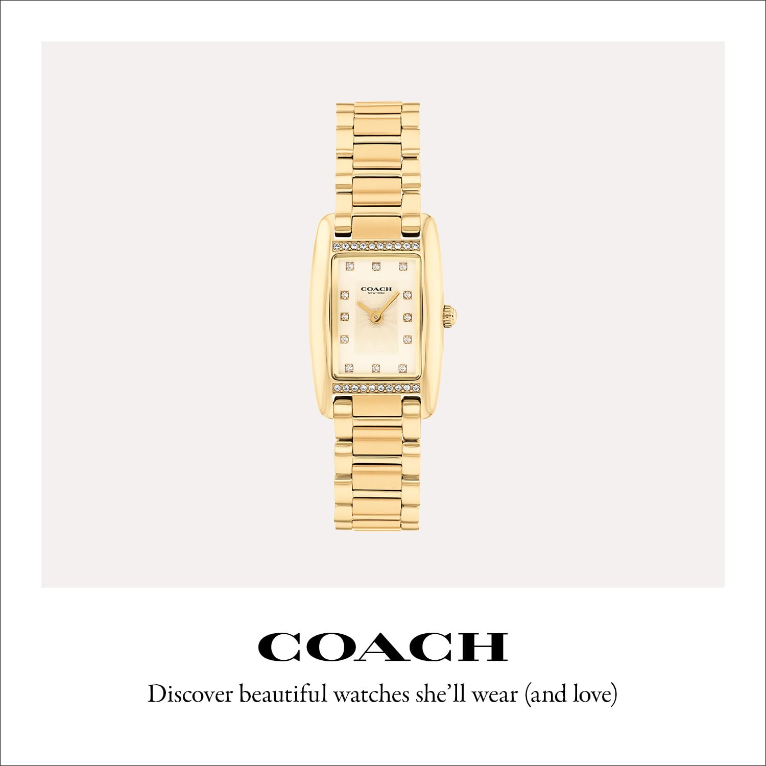 Coach Women's Reese 2H Quartz Watch, Petite Rectangle Case, Stainless Steel Link Bracelet with Crystal Accents, Timeless Minimalism for Every Day - Gift for Her