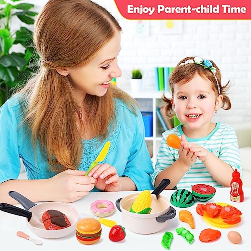 HOLYFUN Play Food Toy Set for Kids Kitchen, Shopping Basket with Cutting Fruit & Vegetables Accessories, Pot and Pan, Plastic Dishes, Toddler Play Kitchen Accessories Educational Toys for Boys Girls