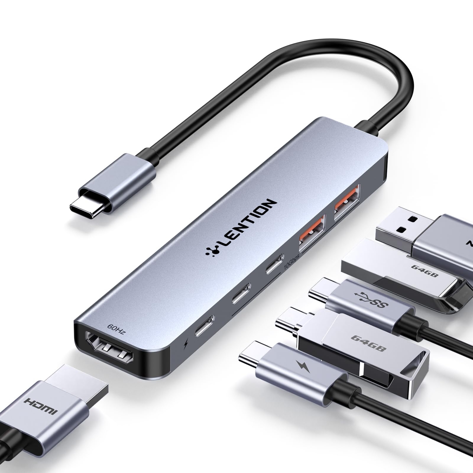 LENTION USB C Hub with 4K@60Hz HDMI, 2 USB C and 2 USB 3.2 Gen2 Transfer Data in 10Gbps Max, 100W Charging, for MacBook Pro, Mac Air, iPhone 15, Windows, More, Stable Driver Adapter (CE37, Space Gray)