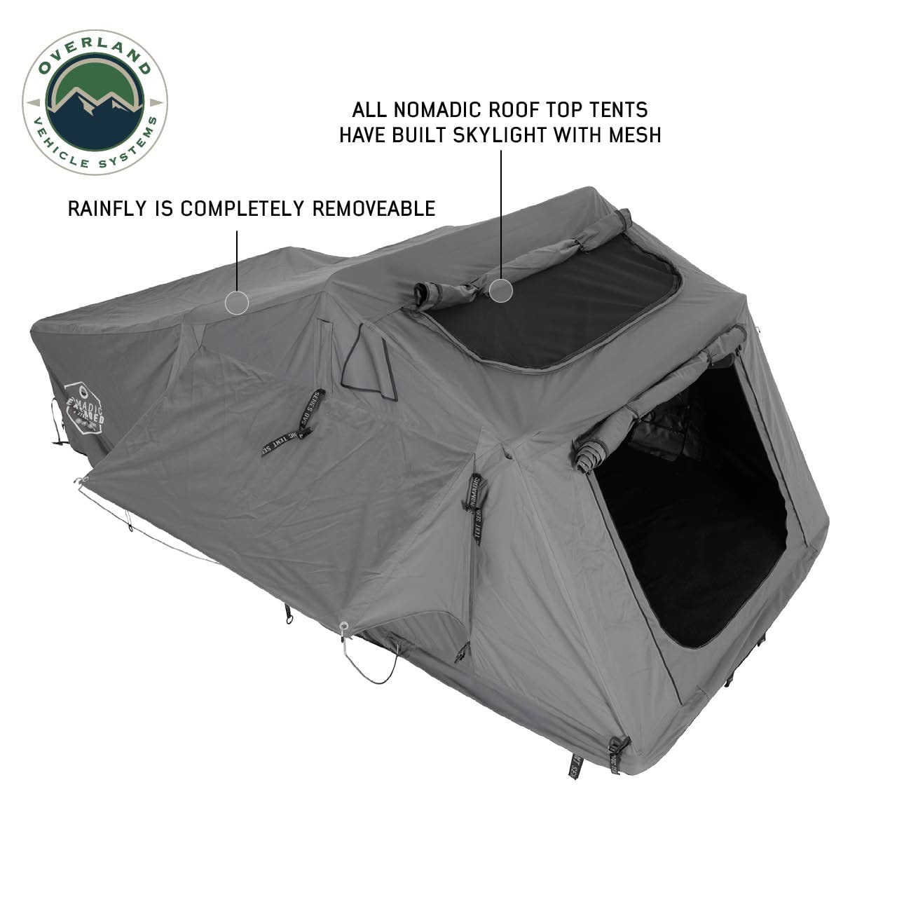 Overland Vehicle Systems HD Nomadic 3 Extended Soft Shell Roof Top Tent - Dark Gray Base with Green Rain Fly & Black 1000G PVC Travel Cover - Black Aluminum Base
