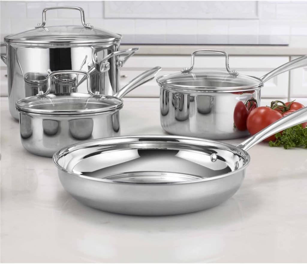 Cuisinart Classic Pots & Pans Set, 10 pcs Cookware Set with Saucepans, Saute pans, & Skillets- Tapered Rims for Drip Free Pouring & Cool Grip Handles, Stainless Steel, TPS-10