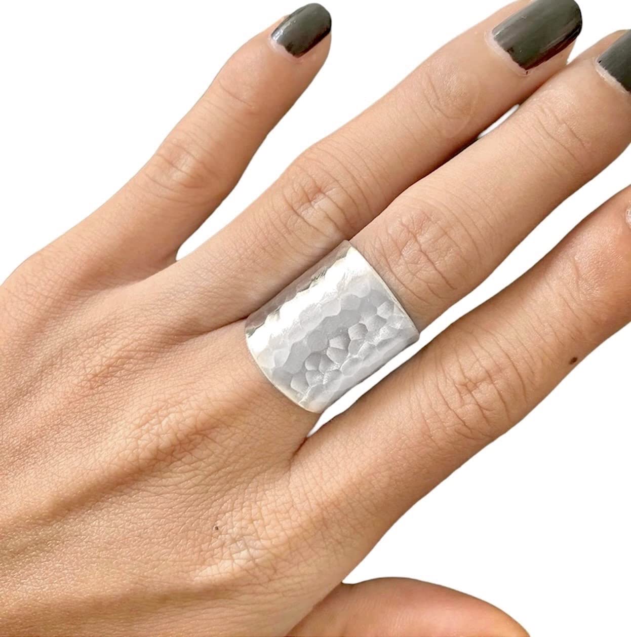 Hammered Sterling Silver Handmade Classic Wide Band Boho Statement Ring, Shiny Finish Wrap Band Adjustable to Sizes 6-12, Also as Thumb Ring, Gift for Her